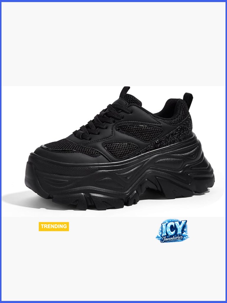 Rhinestone Chunky Sneakers Breathable Lace-Up Platform Walking Shoes